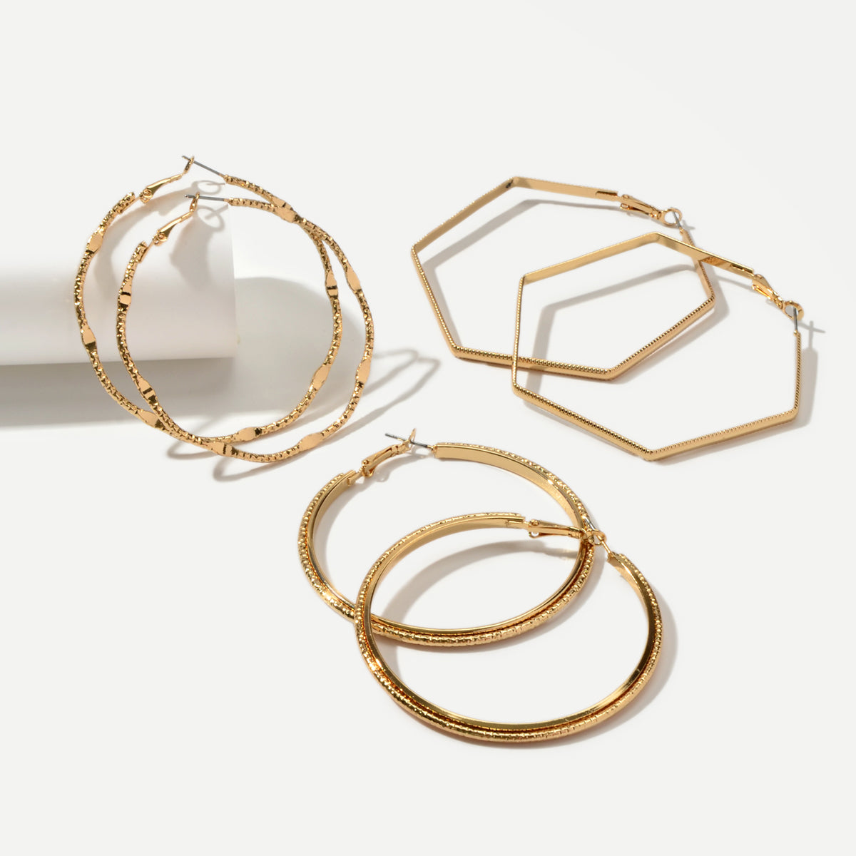 3pairs Gold Metal Circle Square Big Hoop Dangle Earrings set