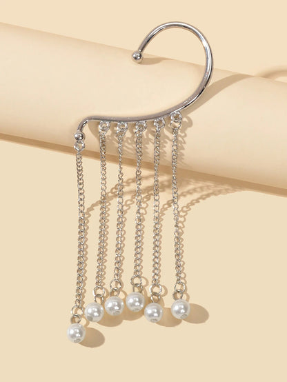 1 pc Fashion Pearl Silver Long Chain Tassel Big Ear Cuff Statement Earrings