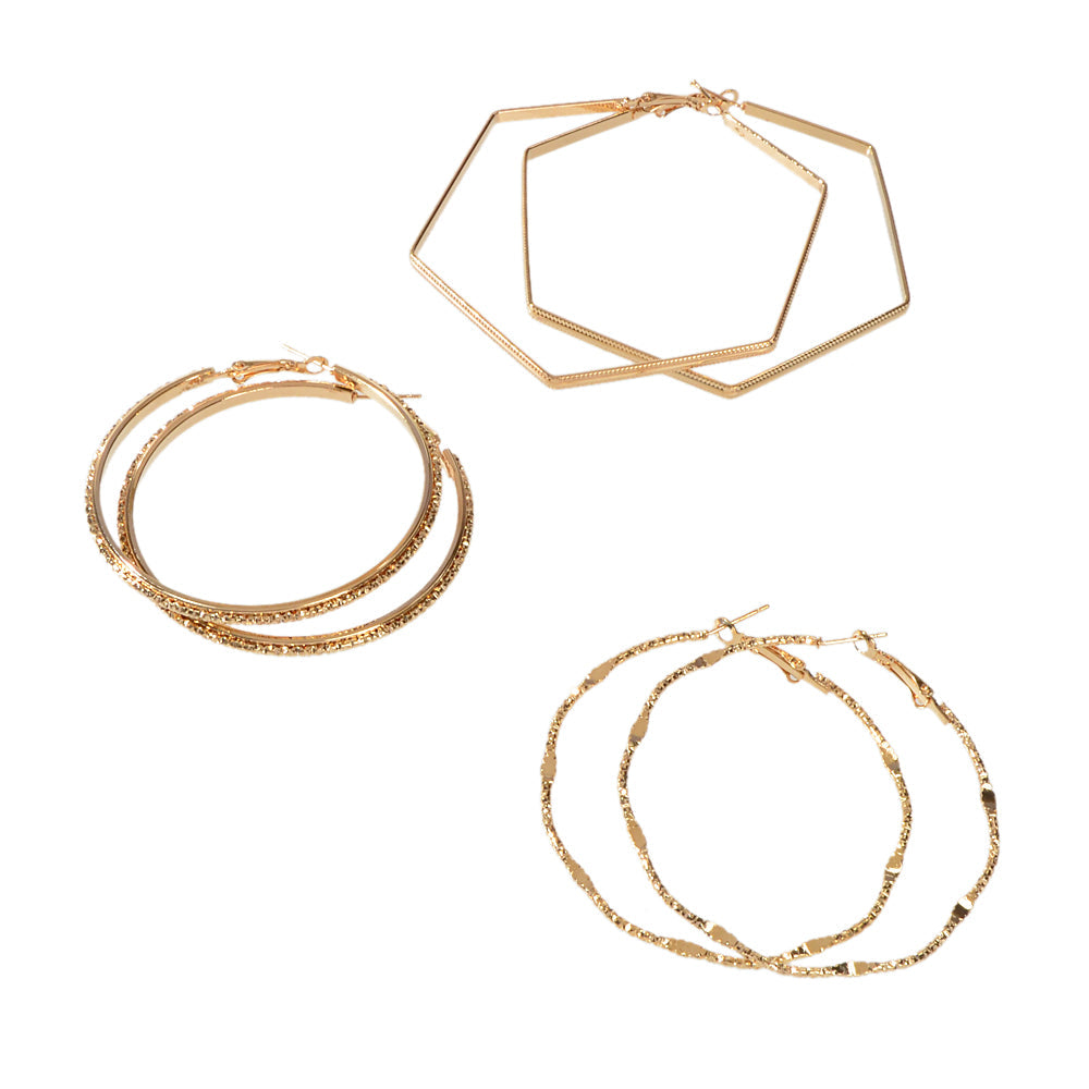 3pairs Gold Metal Circle Square Big Hoop Dangle Earrings set