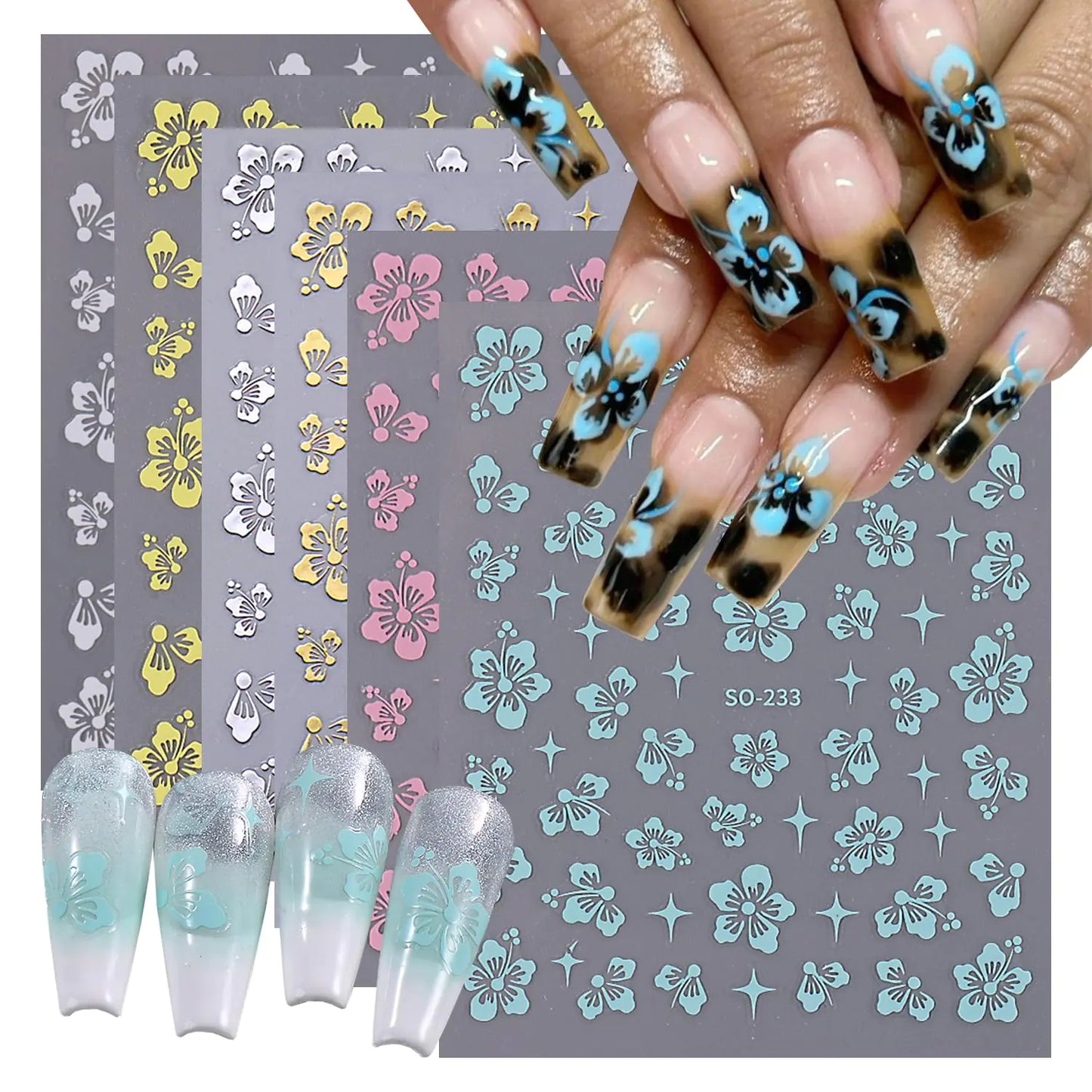 6 Sheets 3D Hibiscus Flower Nail Stickers